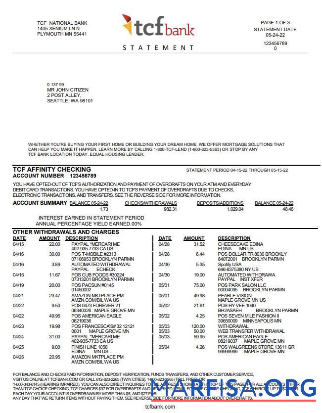 Printable USA TCF Bank bank statement word template